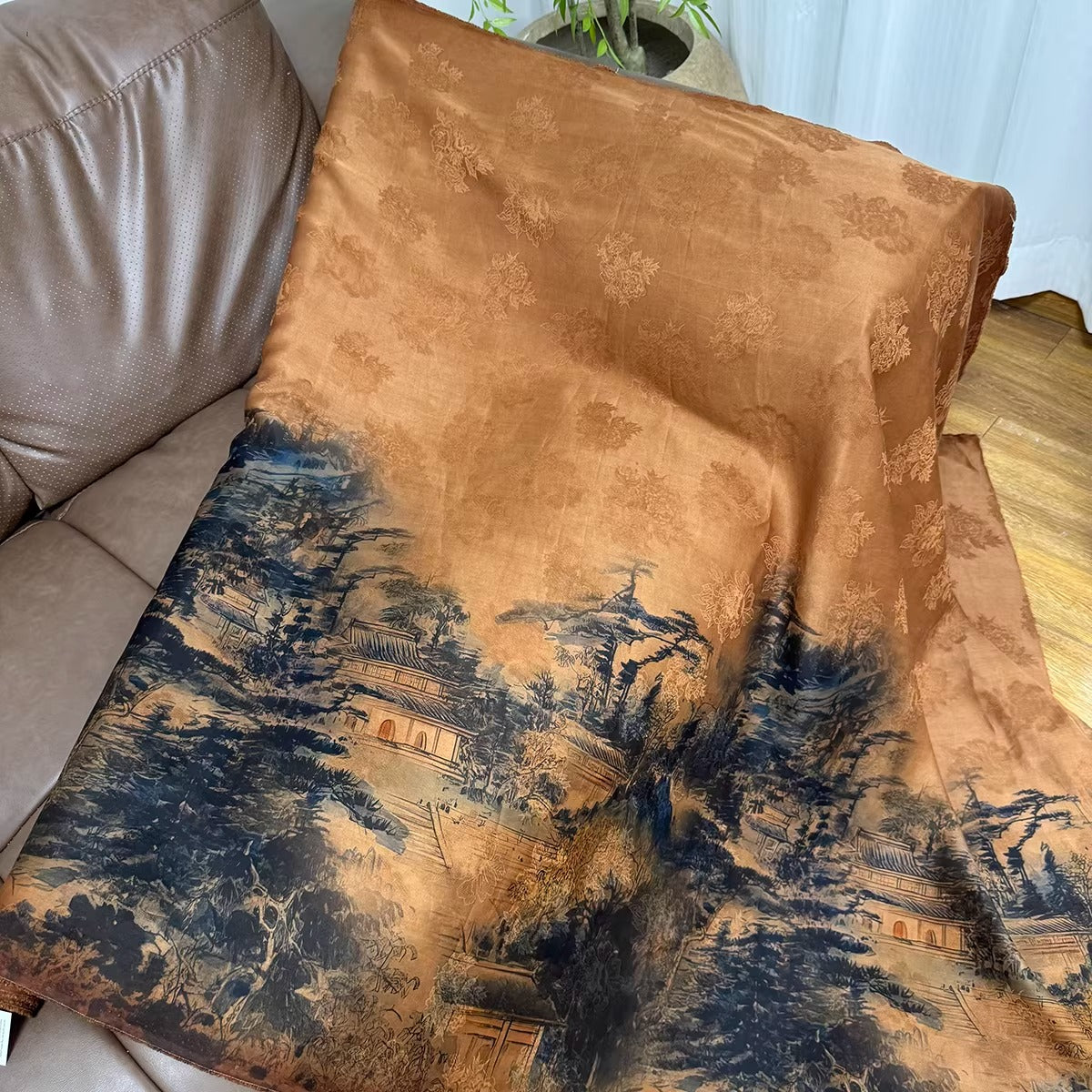 XYHYS 烟云山居- Jacquard HUALUO Hongyunsha silk fabric, 26 momme openwork texture, 110cm by the Yard