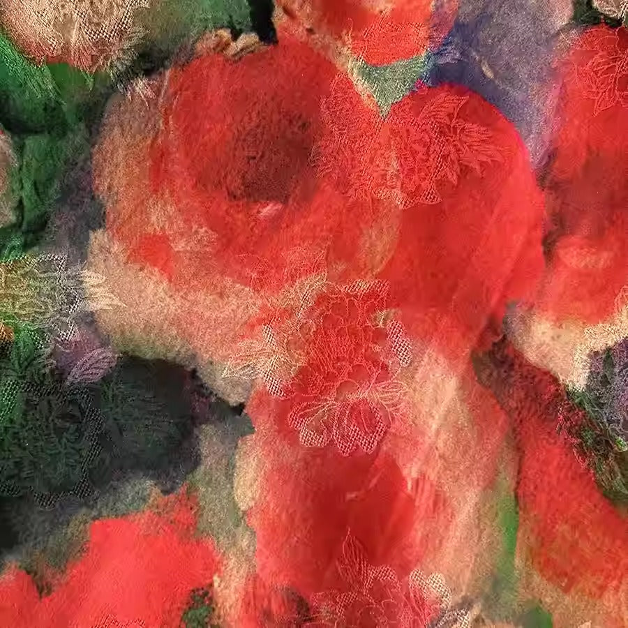 XYHYS 油画蔷薇- Jacquard HUALUO Hongyunsha silk fabric, 25 momme openwork texthture, 110cm by e Yard