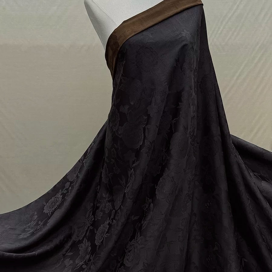 单黑牡丹 Mud Silk fabric, Jacquard HUALUO, 25 momme 110cm wide by the Yard