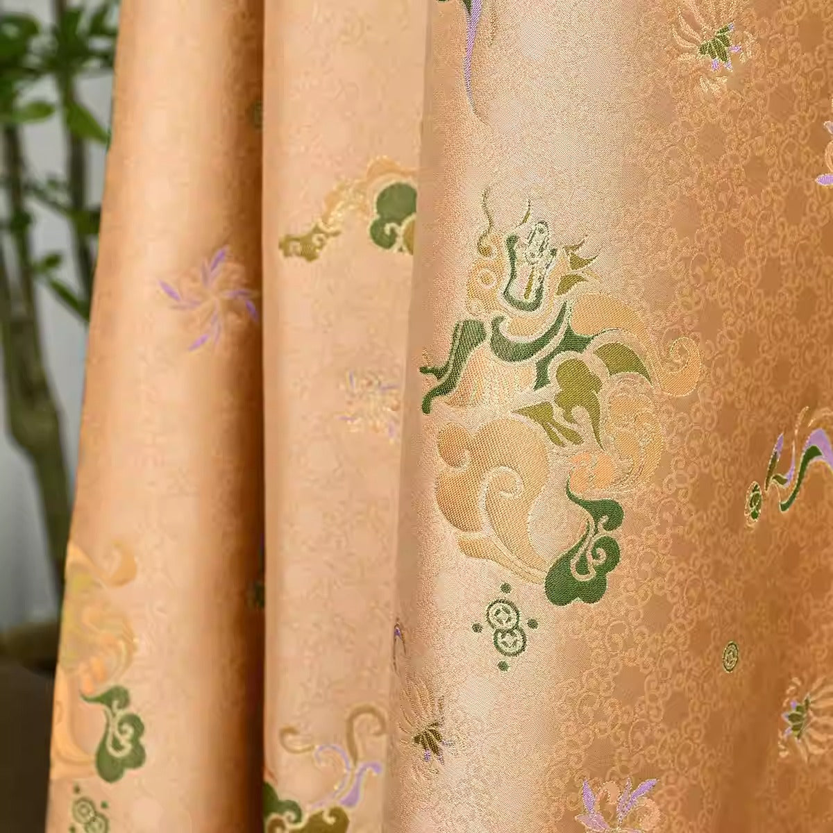 XYLDXSJ 通宝祥云应龙纹橘绿 - Gilt-Thread Song Brocade 织金宋锦, 38 momme 140cm wide by the yard