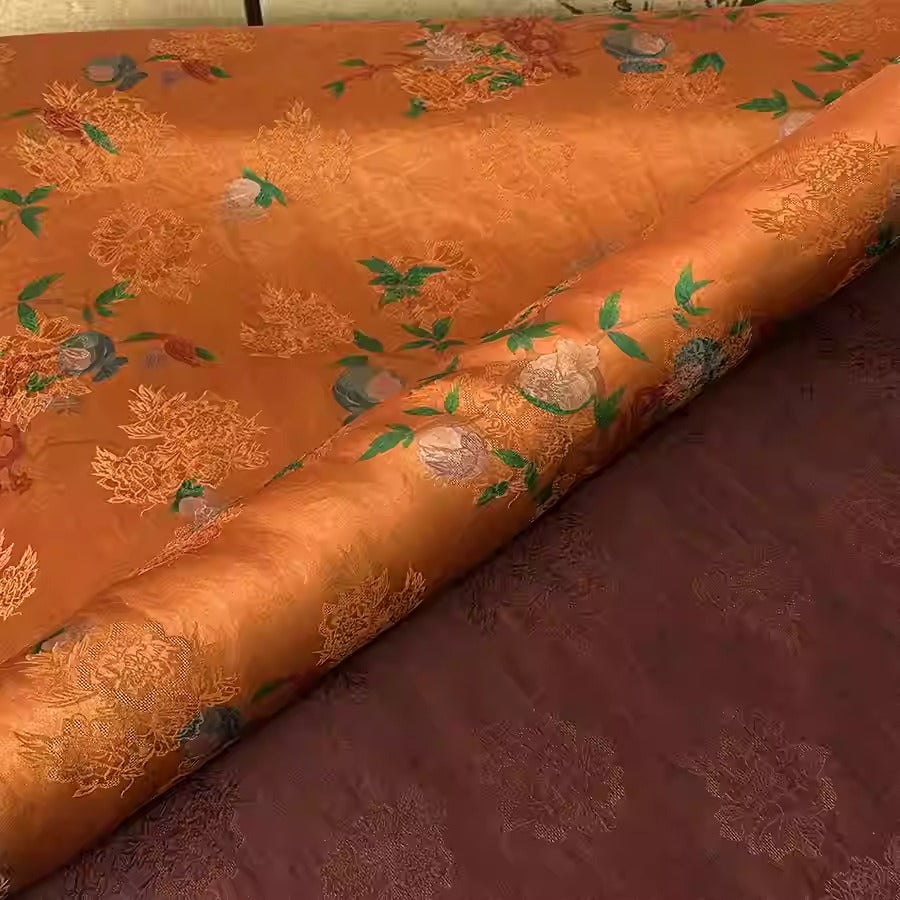 XYHYS 桃枝橘- Jacquard HUALUO Hongyunsha silk fabric, 25 momme openwork texthture, 110cm by e Yard