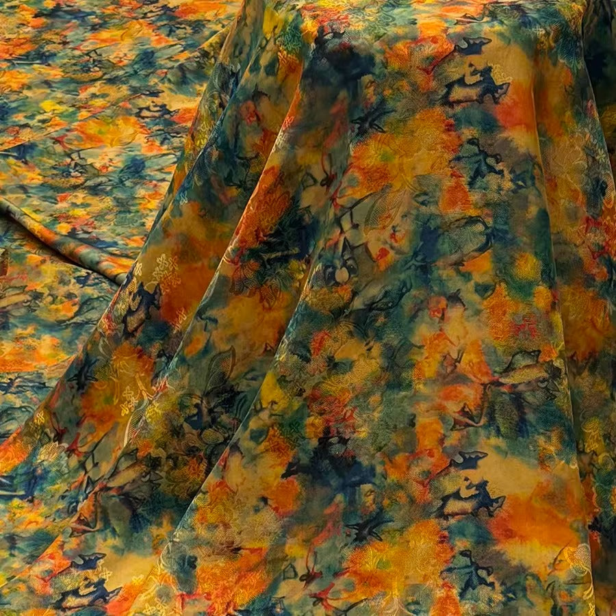 XYHYS 晕染黄绿- Jacquard HUALUO Hongyunsha silk fabric, 25 momme openwork texthture, 110cm by e Yard