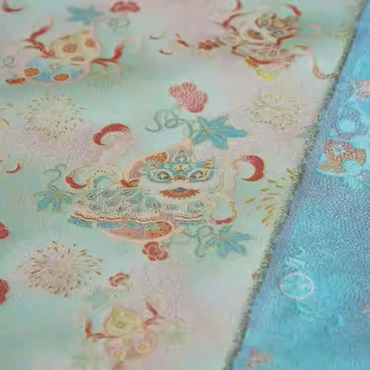 XYLDXSJ 醒狮杂宝纹蓝粉色- Gilt-Thread Song Brocade 织金宋锦, 38 momme 140cm wide by the yard