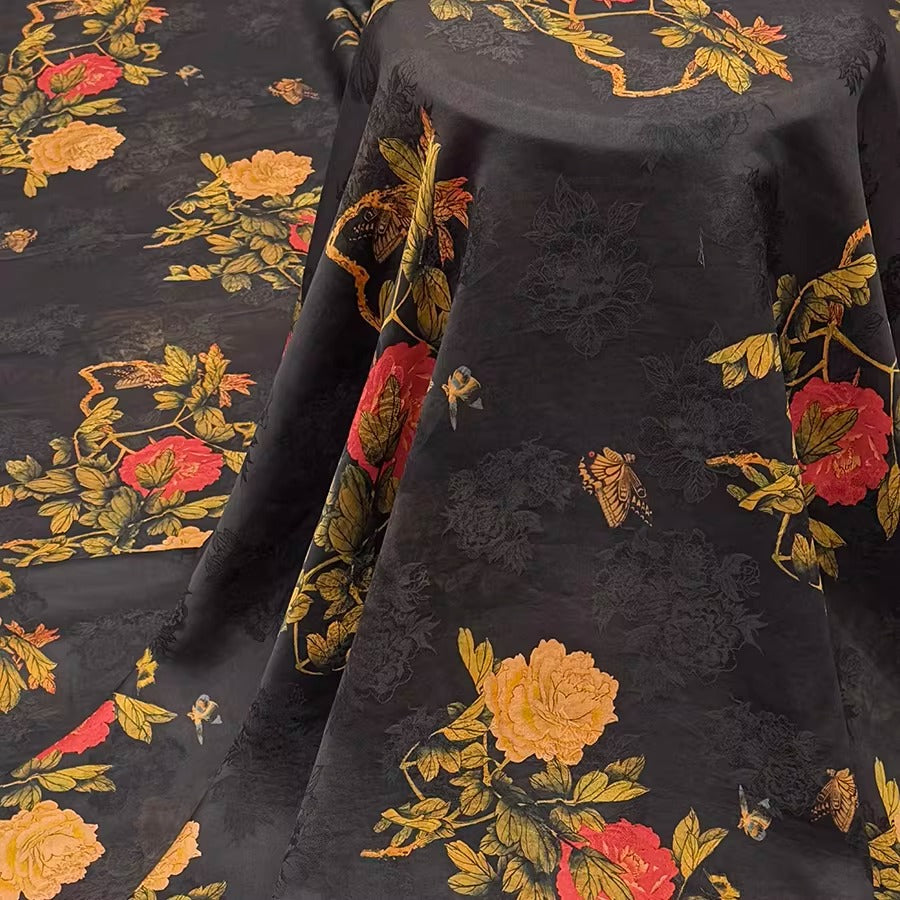 XYHYS 黑韵金蝶- Jacquard HUALUO Hongyunsha silk fabric, 25 momme openwork texthture, 110cm by e Yard