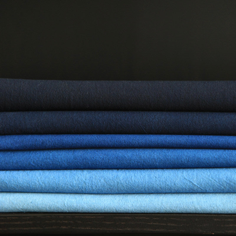 Indigo-dyed cotton fabric — six-shade range and texture