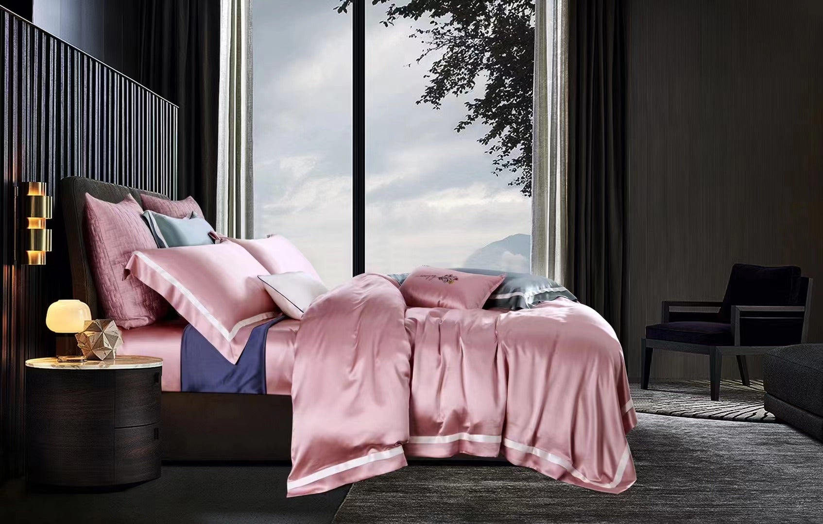 a bedroom with a large window and a pink bed