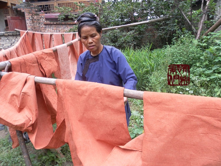 Hand woven cotton fabric, Hand dyed with Natural mineral dyes, Beautiful Brick Red/Salmon craft fabric Coarse fabric- by the meter