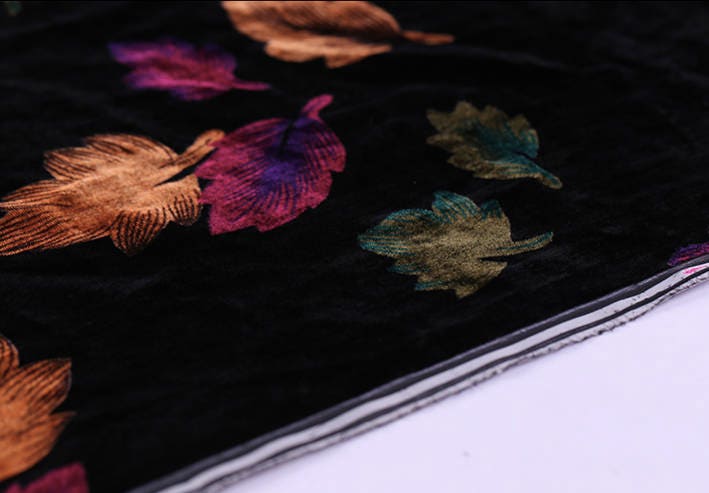 LIUYANGH - 40 Momme Printed Leaves Silk Velvet  Fabric - 114cm wide by the Yard