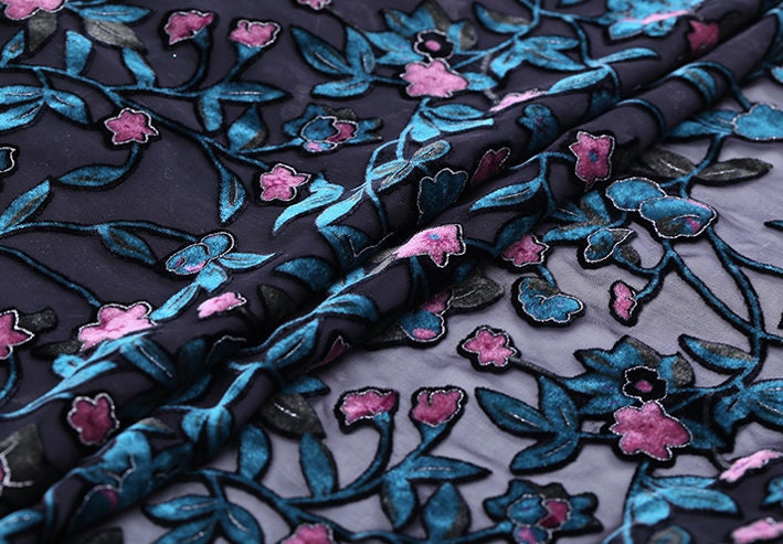 XIAOHONG - Floral Sheer Burnout Silk Velvet Fabric - 114cm wide by the Yard