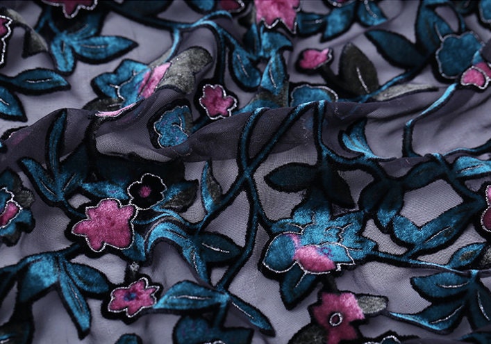 XIAOHONG - Floral Sheer Burnout Silk Velvet Fabric - 114cm wide by the Yard