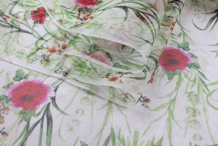 MEIRCAO - 6 momme Floral Print Silk Organza Fabric - 138cm wide by the Yard
