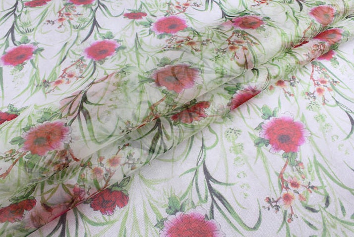 MEIRCAO - 6 momme Floral Print Silk Organza Fabric - 138cm wide by the Yard