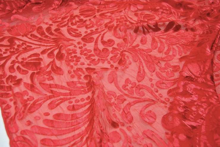 HONGDU - Red Flowers Sheer Burnout Silk Devore Satin Fabric - 114cm wide by the Yard