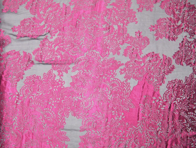 DAFANHUA - Red Floral Sheer Burnout Silk Devore Satin Fabric - 114cm wide by the Yard