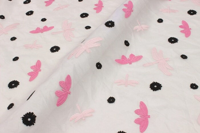 QINGTING - Dragonflies Butterflies Embroidered Silk Organza Fabric - 140cm wide by the Yard