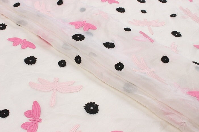 QINGTING - Dragonflies Butterflies Embroidered Silk Organza Fabric - 140cm wide by the Yard