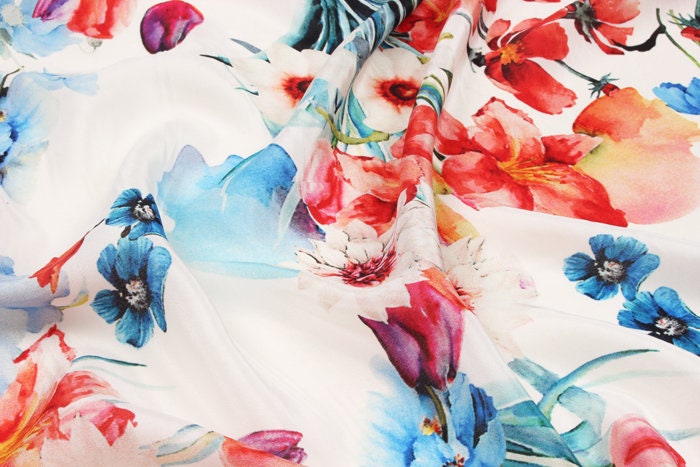 QINGXIN - 12 momme Floral Print Silk Crepe de Chine Fabric - 138cm wide by the Yard