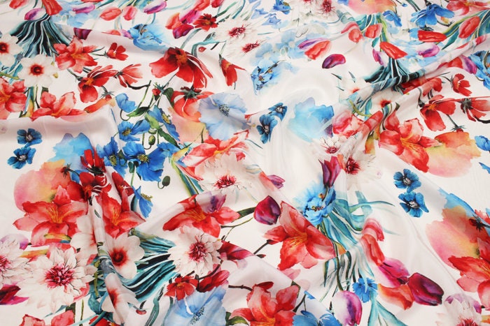 QINGXIN - 12 momme Floral Print Silk Crepe de Chine Fabric - 138cm wide by the Yard