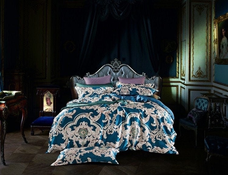 Phoenix Dance Blue - 16 Momme 100% Silk Bedding 4pcs Suite