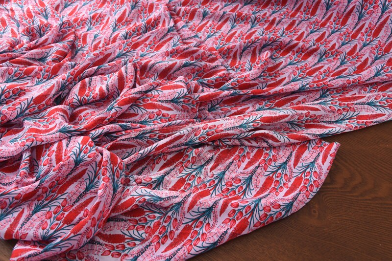 HUAN - 12 Momme Flower Print Silk Crepe de Chine Fabric 140cm wide by the Yard