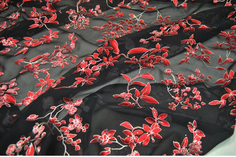 HEIDIHZ - Red Floral Sheer Burnout Silk Devore Satin Fabric - 138cm wide by the Yard
