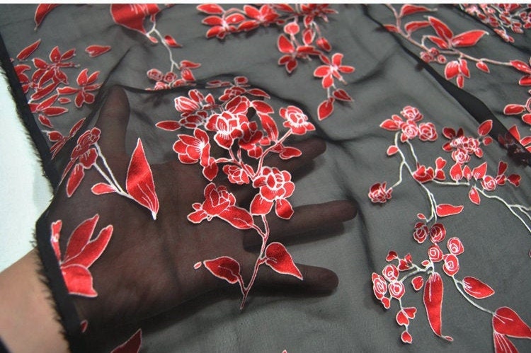 HEIDIHZ - Red Floral Sheer Burnout Silk Devore Satin Fabric - 138cm wide by the Yard