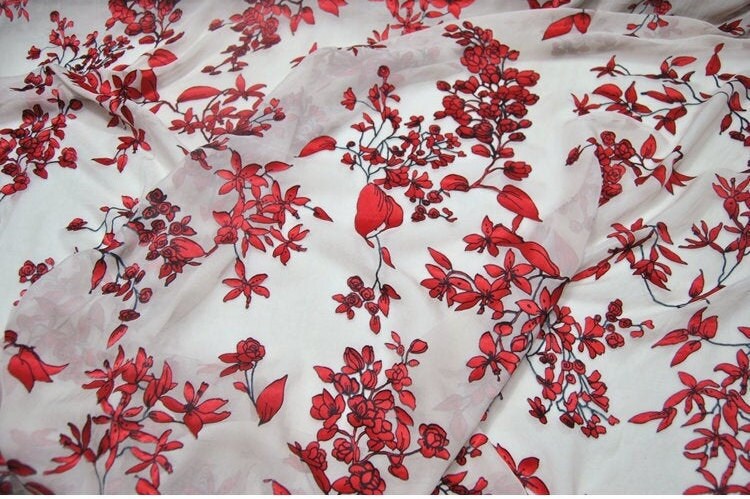 HEIDIHZ - Red Floral Sheer Burnout Silk Devore Satin Fabric - 138cm wide by the Yard