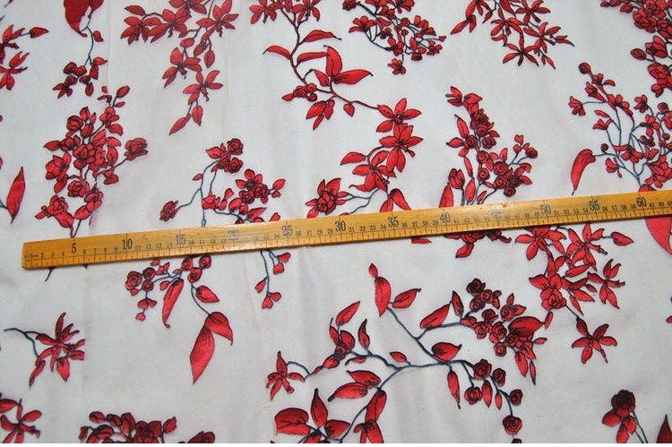 HEIDIHZ - Red Floral Sheer Burnout Silk Devore Satin Fabric - 138cm wide by the Yard