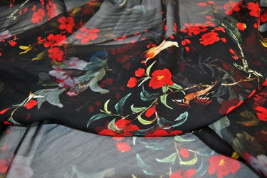 HONGHUA - 8 Momme Red Flowers Black Silk Georgette Fabric - 135cm by the Yard