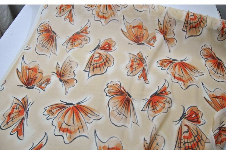 CHENDIE - 16 Momme Butterfly Print Crinkled Silk Georgette Fabric - 114cm wide by the Yard