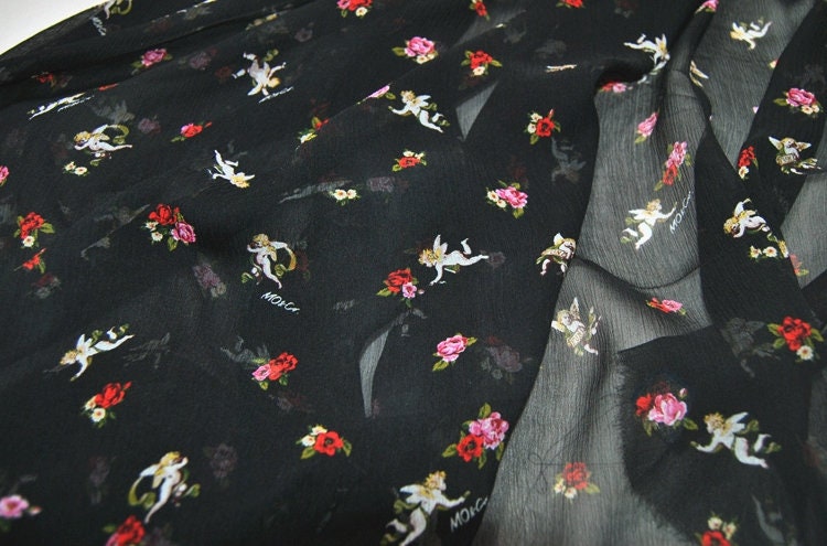 CUPID - 10 Momme digital floral print on black crinkled silk Georgette fabric 140cm by the Yard