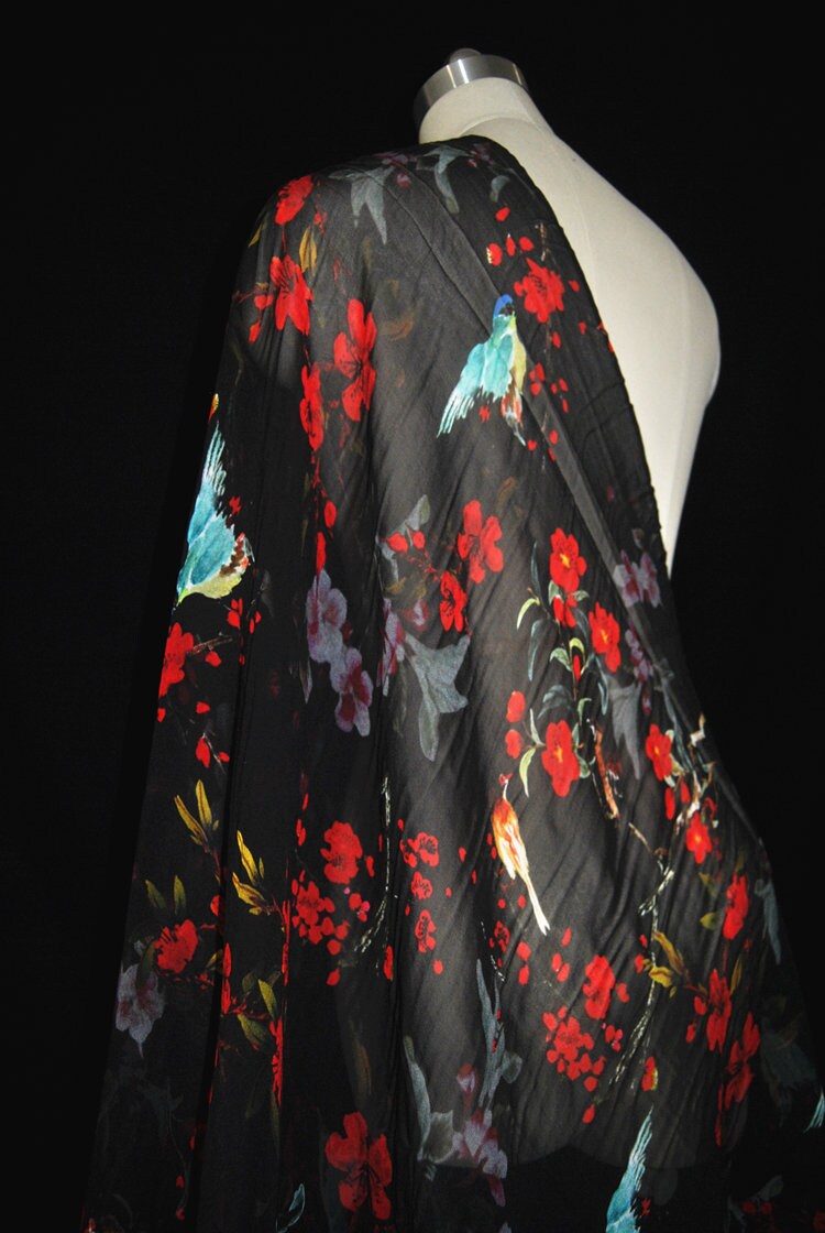 HONGHUA - 8 Momme Red Flowers Black Silk Georgette Fabric - 135cm by the Yard