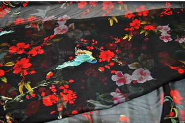 HONGHUA - 8 Momme Red Flowers Black Silk Georgette Fabric - 135cm by the Yard