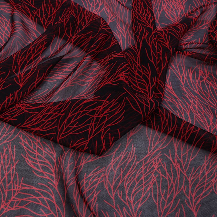 HONGSHANHU - 8 Momme Red Coral Printed Black Silk Georgette Fabric - 138cm wide by the Yard