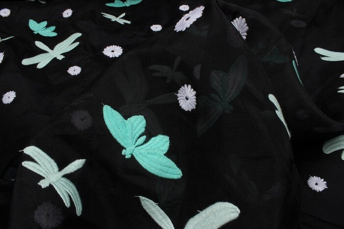 QINGTING - Dragonflies Butterflies Embroidered Silk Organza Fabric - 140cm wide by the Yard