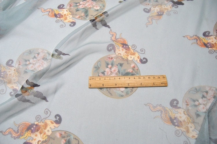 QUANSU - 2 colors 8 Momme Floral and Cloud Digital Print Silk Georgette Fabric 138cm by the yard