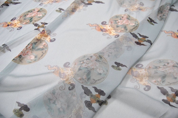 QUANSU - 2 colors 8 Momme Floral and Cloud Digital Print Silk Georgette Fabric 138cm by the yard