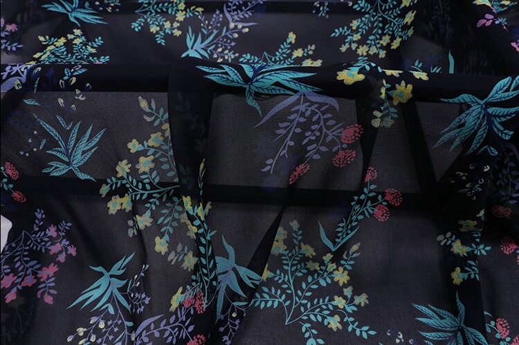 SGFDBHUA - 12 Momme Floral Print on Dark Blue Silk Georgette Fabric 138cm by the Yard