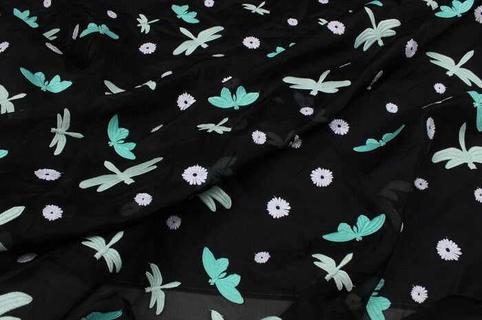 QINGTING - Dragonflies Butterflies Embroidered Silk Organza Fabric - 140cm wide by the Yard