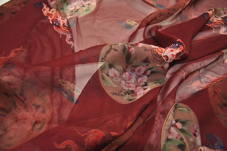 QUANSU - 2 colors 8 Momme Floral and Cloud Digital Print Silk Georgette Fabric 138cm by the yard