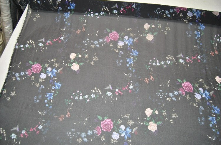 DOUKOU - 8 Momme Birds and Floral print Black Silk Georgette Fabric 140cm by the Yard