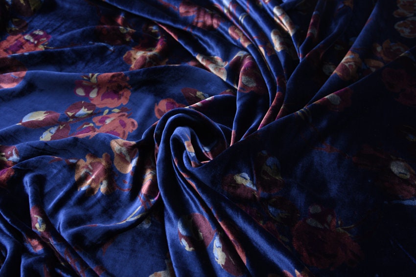 LANSI - Vintage Floral Print Blue Silk Velvet Fabric - 140cm wide  by the Yard