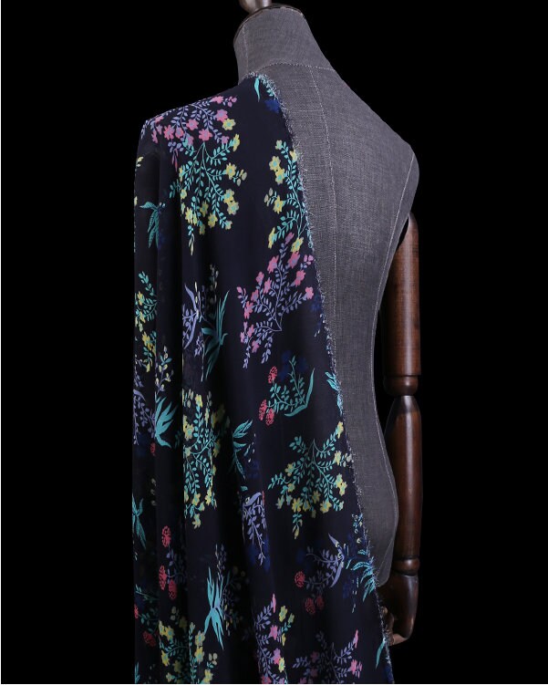 SGFDBHUA - 12 Momme Floral Print on Dark Blue Silk Georgette Fabric 138cm by the Yard