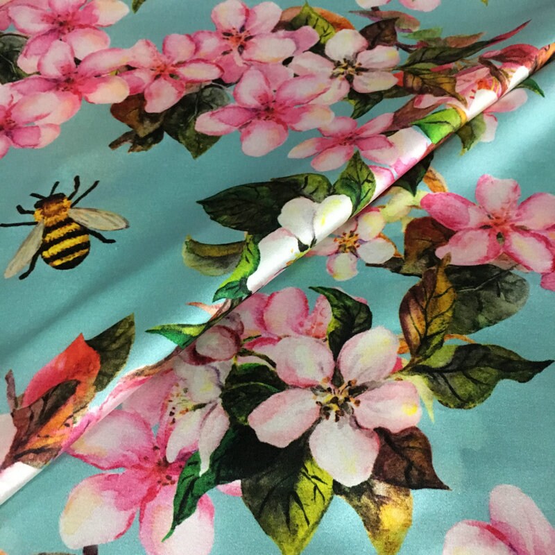 Pink Peach Flowers Printing Silk Stretch Satin Fabric, 42.5"/108cm 19mm, for Autumn dress/Evening Dresses/Skirt/Blouse/Cheongsam,by the yard