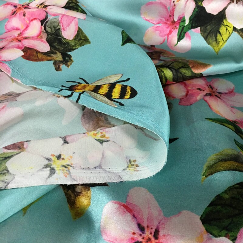 Pink Peach Flowers Printing Silk Stretch Satin Fabric, 42.5"/108cm 19mm, for Autumn dress/Evening Dresses/Skirt/Blouse/Cheongsam,by the yard