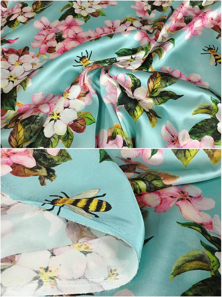Pink Peach Flowers Printing Silk Stretch Satin Fabric, 42.5"/108cm 19mm, for Autumn dress/Evening Dresses/Skirt/Blouse/Cheongsam,by the yard