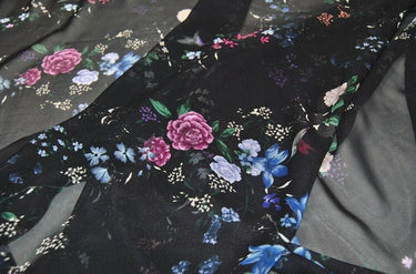 DOUKOU - 8 Momme Birds and Floral print Black Silk Georgette Fabric 140cm by the Yard