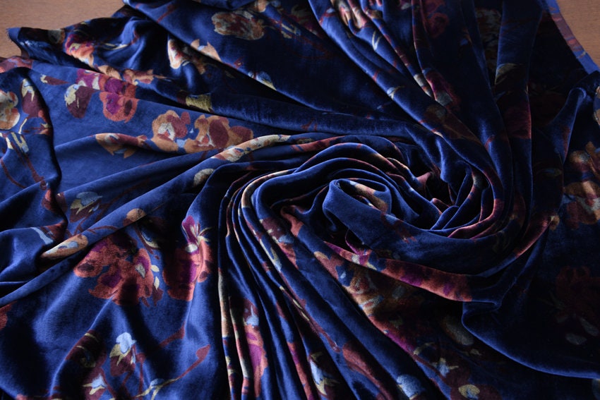 LANSI - Vintage Floral Print Blue Silk Velvet Fabric - 140cm wide  by the Yard