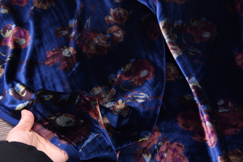 LANSI - Vintage Floral Print Blue Silk Velvet Fabric - 140cm wide  by the Yard
