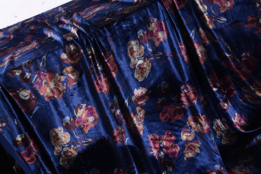 LANSI - Vintage Floral Print Blue Silk Velvet Fabric - 140cm wide  by the Yard